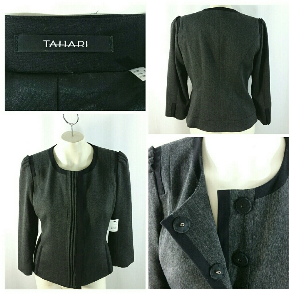 Tahari Blazer Jacket Pleated Placket Gray Size 10